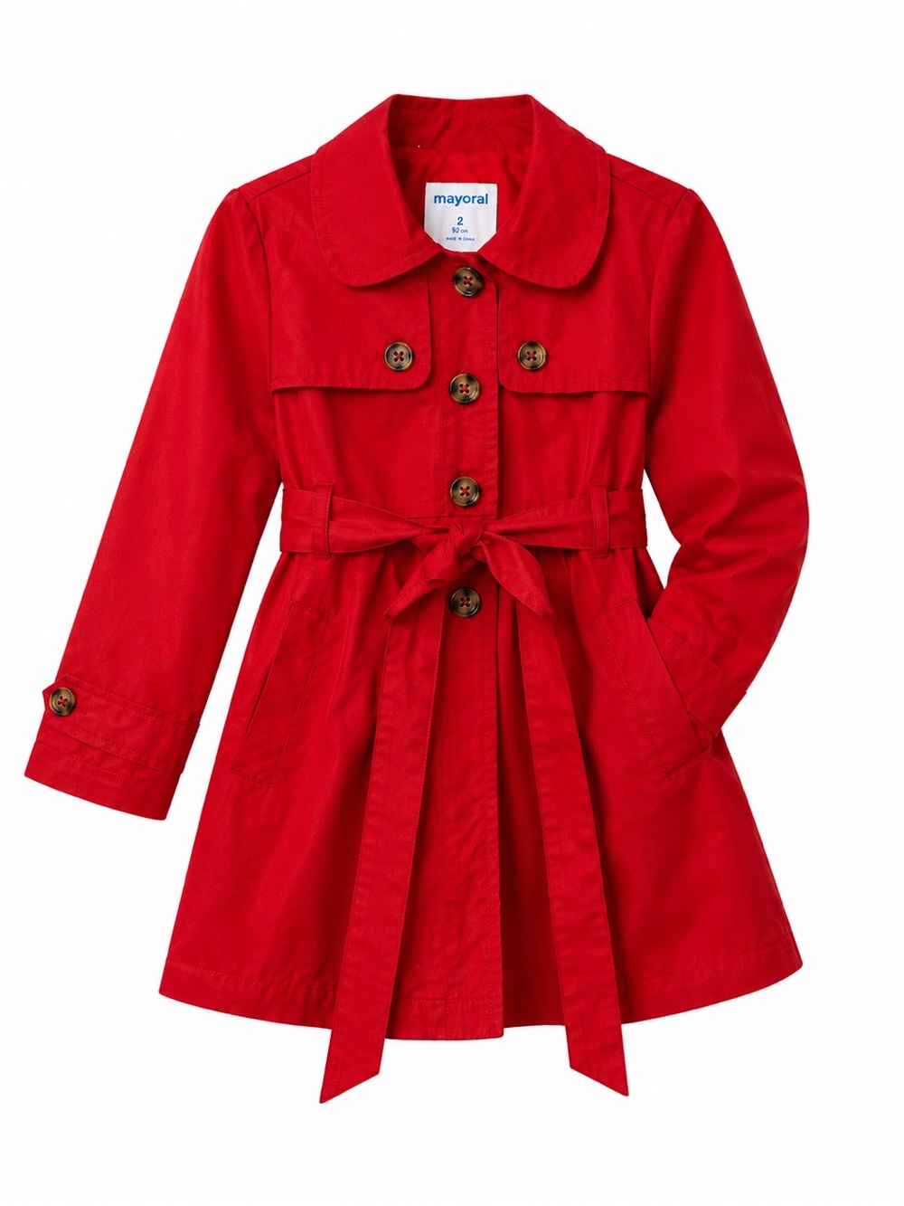 Mayoral Girls Classic Red Trench Coat Jacket Belted Double Pocket Size 2 preppy